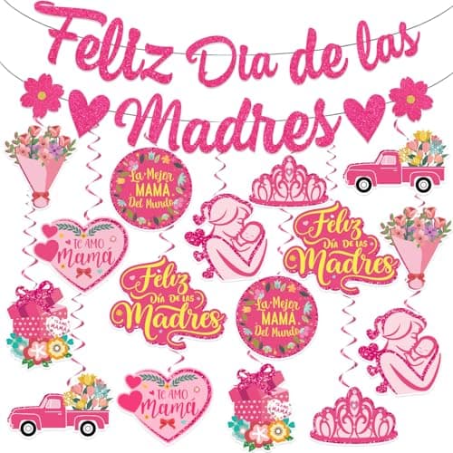 LARRAZABAL Feliz Dia De Las Madres Decorations, Mothers Day Decorations Includes Feliz Dia De Las Madres Banner and Hanging Swirls for Spanish Mother's Day Party Supplies