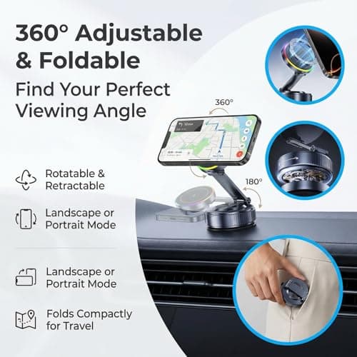 GEYUTHS Vacuum Magnetic Phone Charging Holder Mount 15W Fast Wireless Charger for Car Magsafe 360° Adjustable Phone Holder with Nano Gel Suction Cup for iPhone 12-17 Pro Max (K5S) - Thumbnail 4