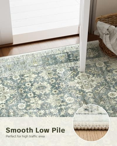 HOMFINE 8x10 Area Rugs for Living Room - Washable Area Rug Non-Slip Carpets, Low Pile Floral Vintage Print Pattern Rug Carpet Stain Resistant for Bedroom Dining Room Home Decor Office, Green - Thumbnail 3