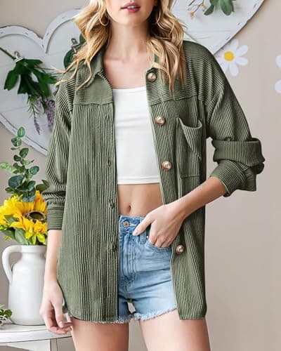 PRETTYGARDEN Women's Button Down Shirts 2026 Spring Long Sleeve Textured Tops Oversized Shacket Jacket Knit Blouses(Sage Green,Large) - Thumbnail 2