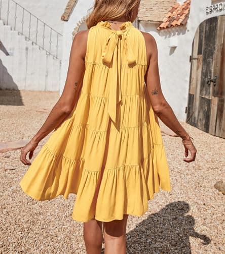 Okiwam Womens Summer Halter Dresses Sleeveless A Line Tiered Swing Mini 2025 Fall Casual Boho Beach Vacation Sundress-S Yellow - Thumbnail 3