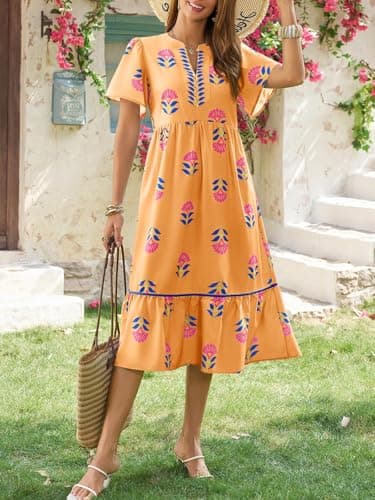 Wenrine Womens Summer Floral Midi Dress Casual Short Sleeve V Neck Flowy Ruffle Boho Beach Sundress with Pockets Orange - Thumbnail 2