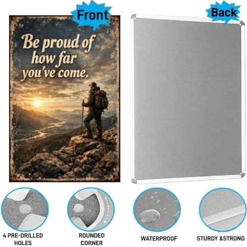 Be Proud Of How Far Youve Come Tin Sign Inspirational Quote Metal Wall Decor Mountain Hiker Sunset Landscape Rustic Motivation Plaque Vintage Progress Art For Home Office Cabin 8x12 Inch - Thumbnail 5