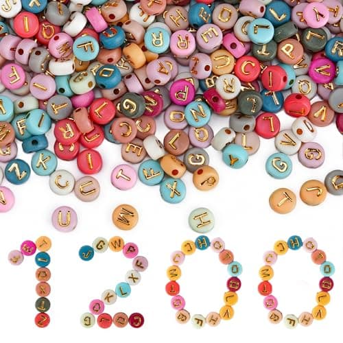 Gionlion 1200+Pcs Colorful Round 4x7mm Letter Beads for Bracelet Making, Acrylic Alphabet Beads for Jewelry Making, DIY Friendship Bracelets with Gold Letters on Colorful Beads