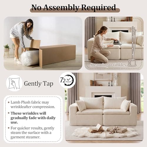 Boneless Loveseat Sofa, 2 Seater Couch with 4 Pillows, No Assembly Required, Soft High Density Foam Cushion, Modern Living Room Futon for Small Space Apartment and Office (White, 75.58" 2 Seaters) - Thumbnail 4