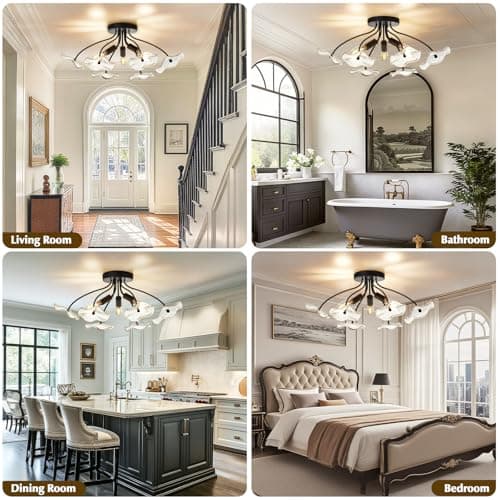 Luvkczc Semi Flush Mount Ceiling Light, Modern Glass Ceiling Light Fixture, Vintage Black Lighting for Kitchen Entryway Hallway Bathroom Bedroom Foyer, 3 Light E12 Socket - Thumbnail 5