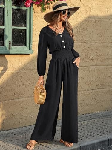 LOOKBOHO Long Sleeve Jumpsuits for Women 2026 Fall Dressy Casual V Neck High Waist One Piece Wide Leg Romper With Pockets Black X-Large - Thumbnail 6