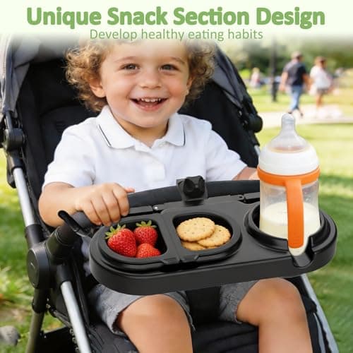 JACZZO Universal Stroller Snack Tray with 3 Detachable Silicone Bowls, Anti-Slip Silicone Grips & Cup Holder, Stroller Attachment for Nuna, Uppababy, Travel Essentials for Baby, Stroller Accessories - Thumbnail 3