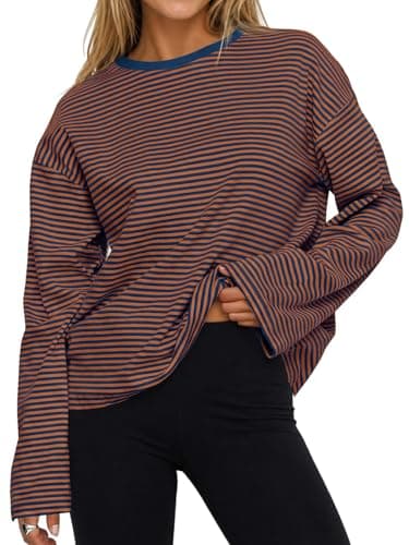 Flowyair Womens Oversized Striped Long Sleeve Shirts Casual Trendy Crew Neck Cotton Tops Drop Shoulder Loose Fit T Shirts Blue Brown - Image 1