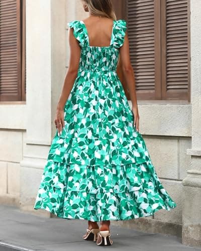 dowerme Summer Dresses for Women 2026 Casual Ruffle Smocked Tiered A-Line Boho Floral Maxi Beach Sun Dress with Pockets(Floral White Green,Small) - Thumbnail 4