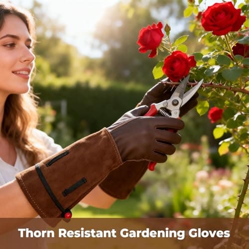 Aegend Women’s Garden Gloves, Long Elbow Cuff Adjustable Strap, Sun & Dirt Protection, Cowhide Leather, Breathable Comfortable for Gardening, Fit Small Hands for Gardeners (Brown, S) - Thumbnail 2