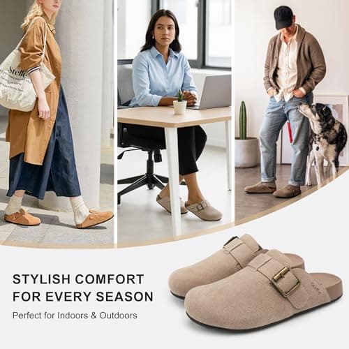 Stelle Suede Clogs for Women Men Potato Shoes with Arch Support Leather Cork Footbed Mules Slip on Home Slippers(Taupe,11) - Thumbnail 6