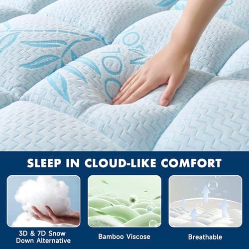 Queen Mattress Topper Viscose Derived from Bamboo,Breathable and Soft Extra Thick Pillow Top Mattress Pad Cover for Back Pain, Deep Pocket Fits 7–21 Inch Mattress (60"x80",Blue) - Thumbnail 3