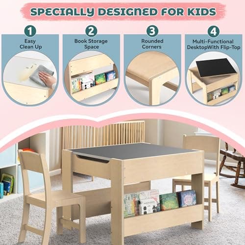 bbgroundgrm 4-in-1 Kids Wooden Activity Desk & Chair Set – Birch Plywood Table with Reversible Whiteboard & Chalkboard, 3 Storage Areas for Toddlers’ Learning, Art, and Play(3 Years+) - Thumbnail 3