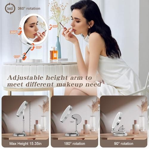 Rocollos Tabletop Makeup Mirror with Built-in Vanity Tray, 9" Rechargeable 4000mAh Lighted Vanity Mirror 1X/10X Magnification, Height-Adjustable Arm, 3 Color Dimmable (9Inch Chrome) - Thumbnail 6