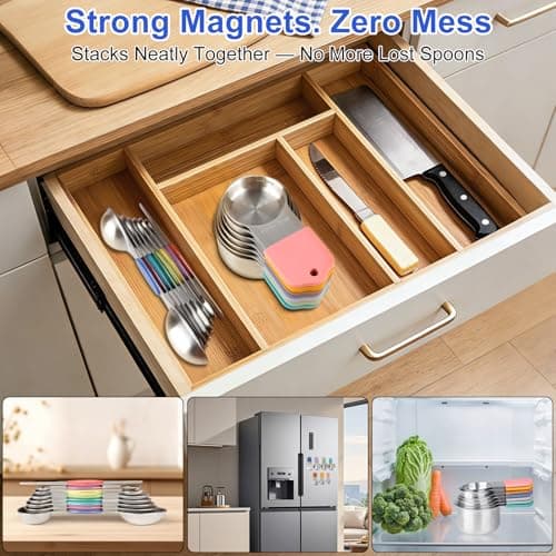 Magnetic Measuring Cups & Spoons Set, Strong N45 Magnets, Heavy Duty 304 Stainless Steel Fits in Spice Jars for Baking & Cooking, BPA Free, Round Set of 15 with Leveler, Light Colorful - Thumbnail 4