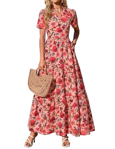 KIRUNDO Floral Maxi Dresses for Women Summer 2026 Short Sleeve V Neck Boho Flowy A Line Long Dress Beach Vacation Clothes(Pink Red Flower, Medium) - Image 1