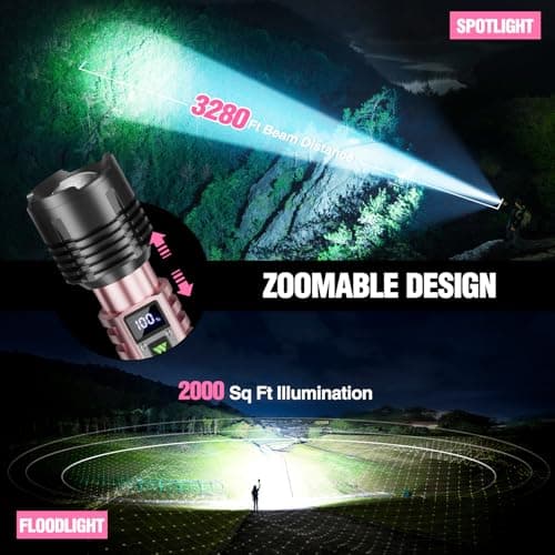 WdtPro Rechargeable LED Flashlights High Lumens, Super Bright 90000LM Rechargeable Flashlight with LCD Display, 5 Modes & Waterproof Powerful 10000mAh Handheld Flashlight for Camping Emergency Pink - Thumbnail 6
