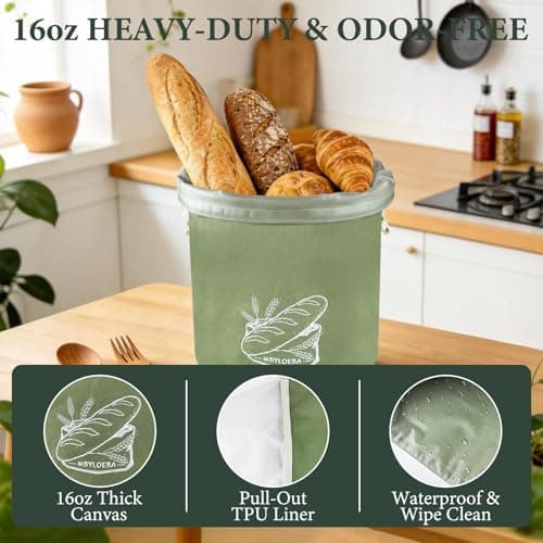 Sourdough Bread Bags for Homemade Bread, Aesthetic 16oz Canvas Stand-Up Reusable Bread Bag, Hard Bottom Bakery Keeper with Waterproof TPU Lining, Modern Sage Green - Thumbnail 4