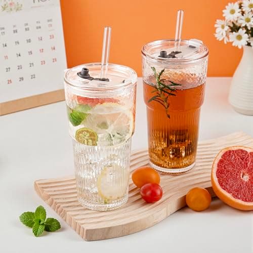 Colnic 4PCS 20oz Glass Cups with Lids and Straws, Iced Coffee Cups with Lids, Stylish Ribbed Thick Drinking Glasses Tumbler for Juice, Smoothies, Cold Beverages, Cute Cup Gifts with Clean Brush - Thumbnail 6
