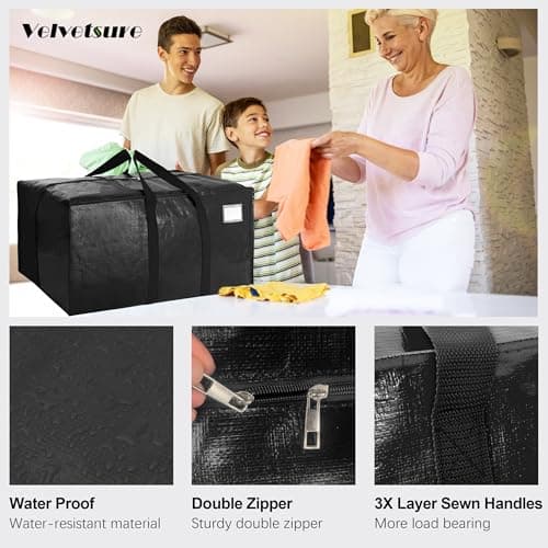 VELVETSURE Heavy Duty Extra Large Moving Bags W/Backpack Straps - Strong Handles & Zippers, Storage Totes For Space Saving, Fold Flat, Alternative to Moving Box and Storage Bin (Set of 6, Black) - Thumbnail 3