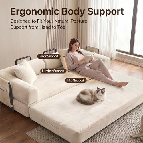 78.8Inch Convertible Sofa Bed, 5-in-1 Futon Sofa Bed Pull Out Couch bed, folding Boneless Couches for Living Room, Corduroy Boneless Couches for Bedroom, Apartment, No Assembly Sleeper Sofa(Off-White) - Thumbnail 4