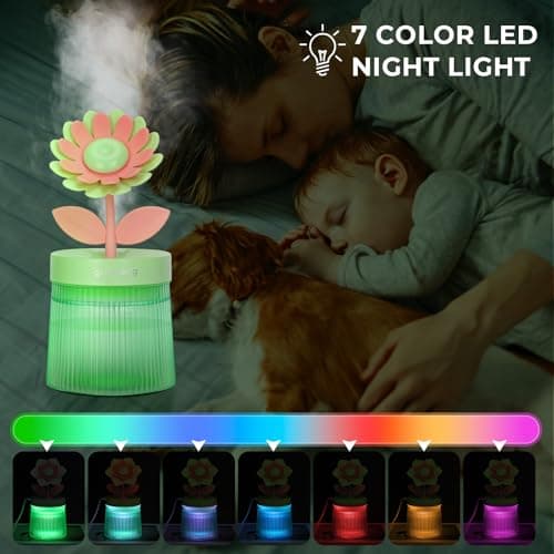 Cute Flower Mini Humidifier, 260ml Sunflower Desktop Humidifiers for Bedroom, Portable Small Cool Mist Humidification for Home, Baby Nursery, Office & Indoor Plants, USB Powered (Green) - Thumbnail 5