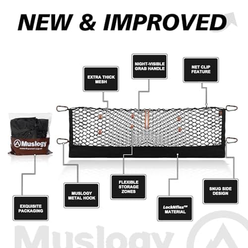Muslogy Truck Bed Cargo Net Trunk Netting Compatible with 2024-2026 GMC Acadia | Chevy Traverse | 2025+ Buick Enclave Accessories, Pickup Cargo Organizer SUV Sedan Storage Net w/Heavy Duty Carabiners - Thumbnail 2
