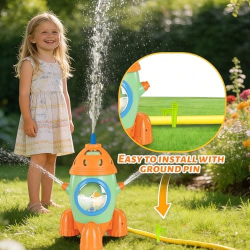 Kids Water Sprinkler Toys, Rocket-Shaped Outdoor Water Baseball Set with Bat & Multi-Ball Slide Feeder, Adjustable Water Flow & Height, Rotating Sprinkler for Backyard, Pool, Lawn Summer Fun Ages 4-8 - Thumbnail 6