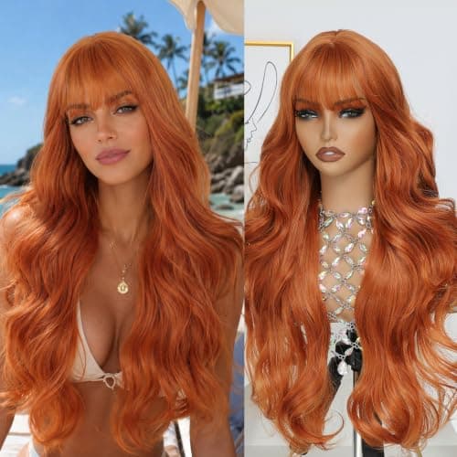 Barbique Orange Synthetic Wig with Bangs, Long Wavy Hair Natural Hairline, Heat Resistant Synthetic Hair, Adjustable Straps, Perfect for Work Party Daily Use Beginner Friendly - Image 1