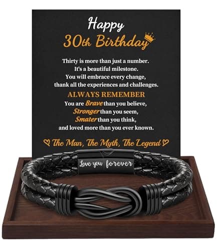 Btysun 30th Birthday Gifts for Men, Birthday Gifts for Boyfriend Leather Bracelet for Men Infinity Knot Linked Together Love You Forever Engraved Mens Birthday Gift Ideas - Image 1