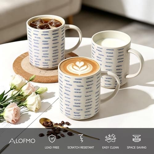 ALOFMO Coffee Mugs Set of 6, 17oz Ceramic Mugs with Handpainted Blue Gray Stripe Pattern, Modern Stackable Coffee Cups, Dishwasher and Microwave Safe Mugs for Home & Office - Thumbnail 3