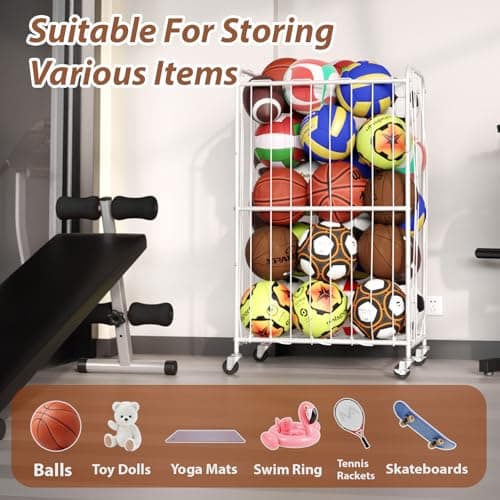YKDIRECT 300L Rolling Ball Organizer with Locking Wheels - Large Sports Storage Basket for Basketball Soccer Football Volleyball, Steel Garage Equipment Cart with Elastic Rope for Household Storage - Thumbnail 5