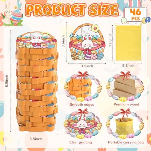 Easter Wooden Blocks Stacking Games, Bunny Egg Basket Theme Tumbling Tower and Balance Game for Adults, Kids, and Family Party, Stacking Board Toy with Storage Bag, Easter Party Activities Gifts - Thumbnail 2