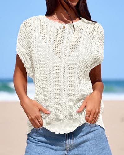 KIRUNDO Crochet Tops for Women Cap Short Sleeve Sweater Vest 2026 Summer Fall Cable Knit Pullover Beach Vacation Outfits(Beige, X-Large) - Thumbnail 4