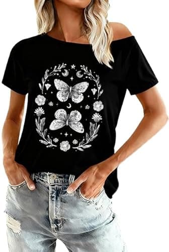 QIXYN Butterfly Shirts for Women Off The Shoulder Asymmetrical Tops Goth Graphic Tees Loose Short Sleeve Trendy T Shirts - Image 1