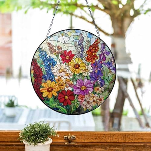 Colorful Wildflowers Suncatcher -7.9 in Stained Glass Window Hanging Sun Catcher Garden Decor - Thumbnail 3