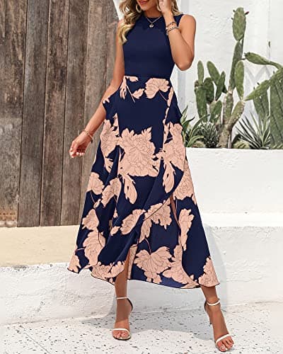 BTFBM Summer Dresses for Women 2026 Casual Spring Floral Sleeveless Ruffle Boho Cocktail Wedding Guest Party Midi Dress(Pink Floral Navy, Small) - Thumbnail 2