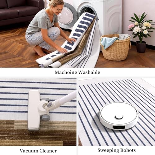 YIHOUSE 8x10 Washable Area Rugs for Living Room, Brown Black and White Striped Rug for Bedroom Non Slip Low Pile, Minimalist Modern Geometric Carpet for Room Office Home Decor - Thumbnail 6