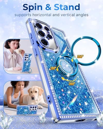 XYZ for Galaxy S25 Ultra Case, Glitter Bling Phone Cover with 2-Ring Heart Stand & Lanyard, Women Girls Luxury Rhinestone Shockproof Protective Case para Samsung S25 Ultra, Blue - Thumbnail 2