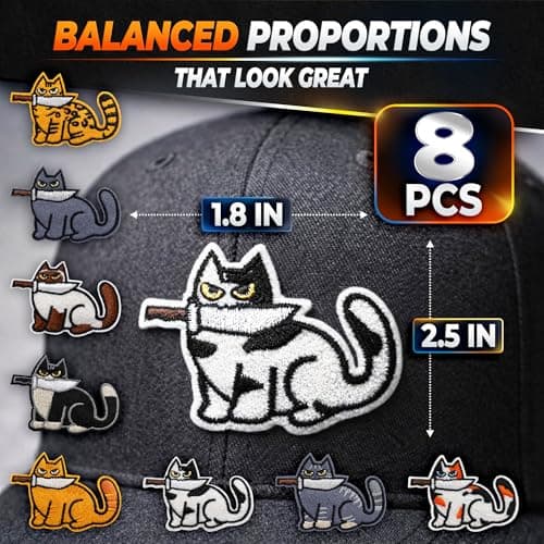 Set of 8 Cat Iron On Patches for Clothes & Sew On – Easy Fix Embroidered Funny Patches for Hats, Jackets, Backpacks, Jeans & Bags – Cute Cat Patch Set, Birthday Gifts for Animal Lovers and DIY Decor - Thumbnail 2