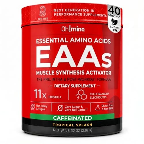 Oh!mino Essential Amino Acids Supplement Drink Powder, Tropical Splash, Cafeeinated Powder, All 9 EAAs, BCAAs and The Perfect Amino for Workouts, Amino Energy, and to Build Muscle, and Recover Faster - Image 1