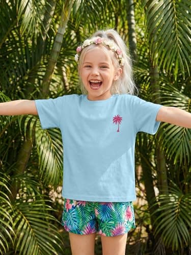 QIXYN Girls Hawaiian Shirt Palm Tree Graphic Tee Summer Beach Vacation Tops - Thumbnail 2