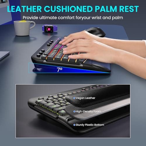 COLIKES Wireless Keyboard and Mouse Combo, Ergonomic Wave, 9 RGB Backlit Effects, Leather Wrist Rest, Rechargeable 2.4G USB Silent Set for Computer/Windows/Mac, Black - Thumbnail 3