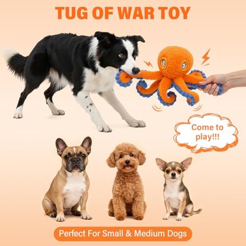VOXGET Dog Octopus Squeaky Toys, Interactive Tug of War Doggie Toy with Crazy Crinkle for Small Medium Pet Dogs Use, Stuffed Plush Octopus Toy for Puppies Keep Busy Reduce Boredom (Orange, 4" x 4.5") - Thumbnail 6