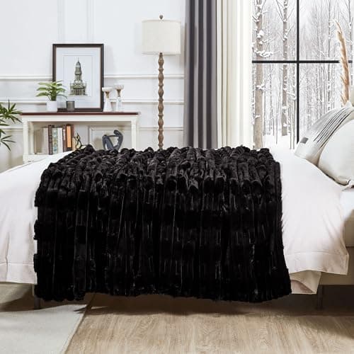 JONIYEAR Soft Fluffy Striped Faux Rabbit Fur Throw Blanket for Couch 50" x 60", Decorative 3D Geometric Warm Fuzzy Fur Blankets for Winter,Reversible Luxury Cozy Furry Blanket for Adult Bed, Black - Thumbnail 5
