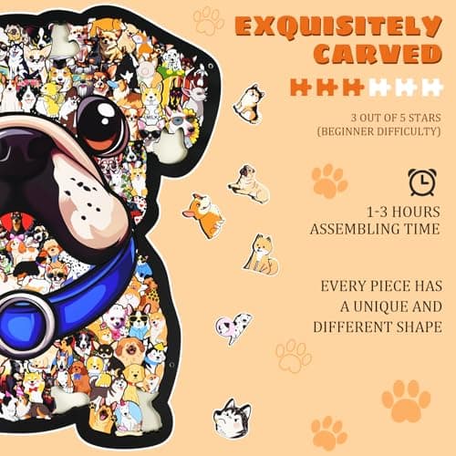 GAKICO 135pcs Wooden Jigsaw Puzzle: Colored Dog Shaped Wooden Puzzle Unique Animal Shape Jigsaw Puzzles, Artistic Home Decor, Mindful Challenge & Creative Gifts for GOG Lovers - Thumbnail 2
