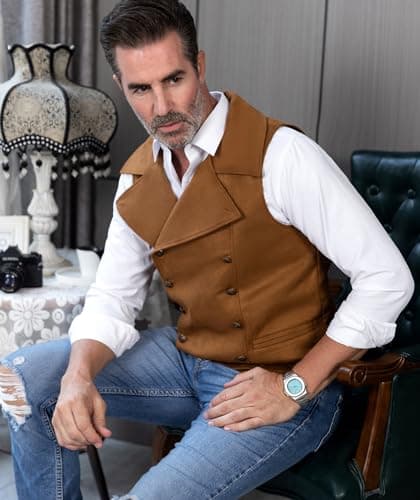 Ceehuteey Mens Suit Suede Double Breasted Vest Classic Groomsmen Wedding Waistcoat Leather Big Lapel(XL,Coffee), Large - Thumbnail 4