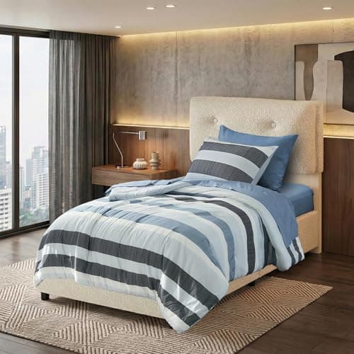 Regency Heights Twin Size Striped Comforter Set, Soft Microfiber Reversible Bedding Sets for All Season 5 Pieces Bed in A Bag Set with Comforter, Sheets, Pillowcase & Sham, Navy/Blue