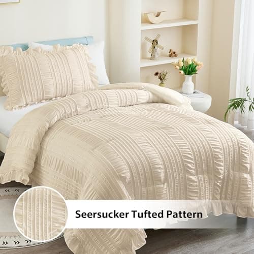 WONGS BEDDING Beige Comforter Set Full, 3 Pieces Ruffle Shabby Chic Comforter for Dorm Room Essentials for Full Bed, Soft Seersucker Bedding Set with 1 Comforter, 2 Tufted Pillowcases 90"×78" - Thumbnail 2